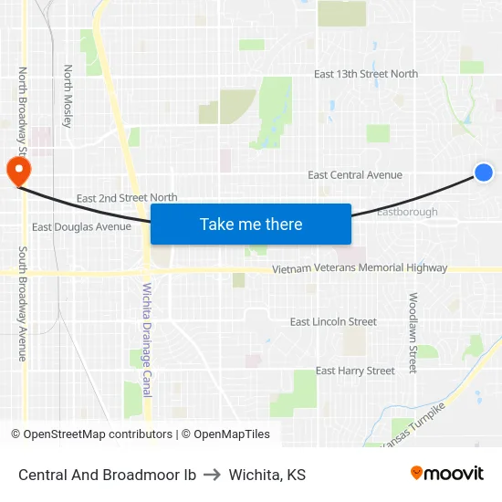 Central And Broadmoor Ib to Wichita, KS map