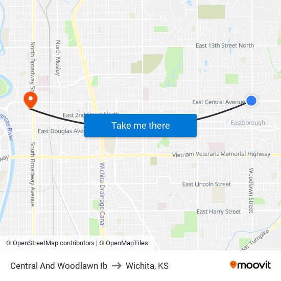 Central And Woodlawn Ib to Wichita, KS map