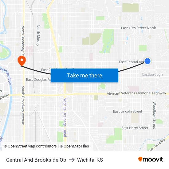 Central And Brookside Ob to Wichita, KS map