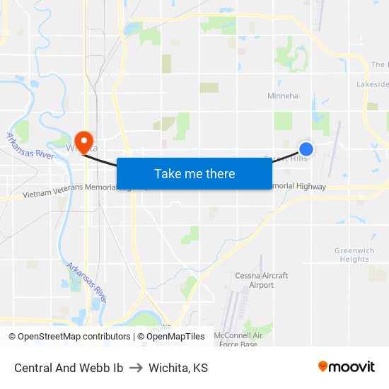 Central And Webb Ib to Wichita, KS map