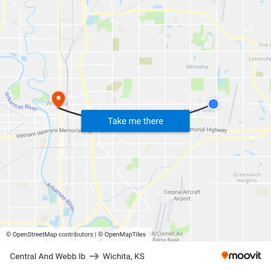Central And Webb Ib to Wichita, KS map