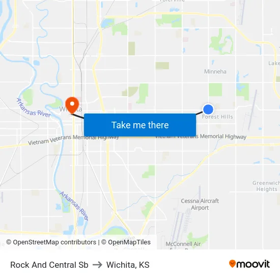 Rock And Central Sb to Wichita, KS map