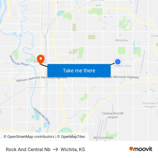 Rock And Central Nb to Wichita, KS map