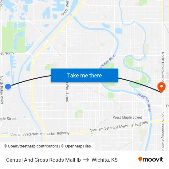Central And Cross Roads Mall Ib to Wichita, KS map