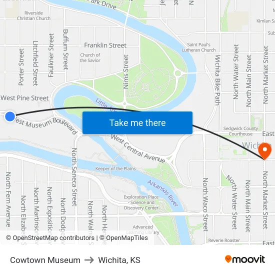 Cowtown Museum to Wichita, KS map