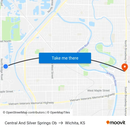 Central And Silver Springs Ob to Wichita, KS map