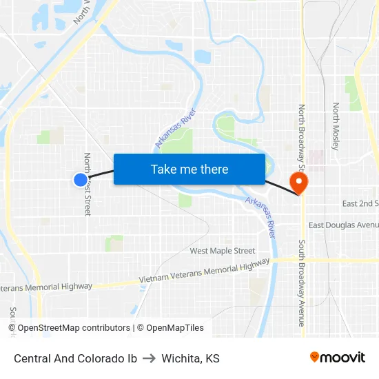 Central And Colorado Ib to Wichita, KS map