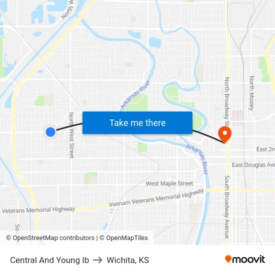 Central And Young Ib to Wichita, KS map