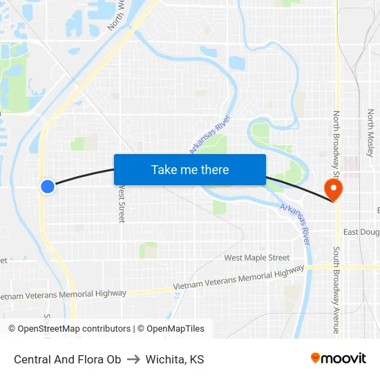 Central And Flora Ob to Wichita, KS map
