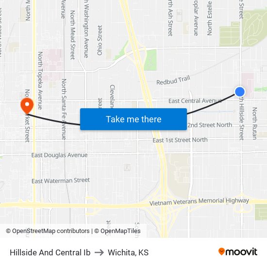 Hillside And Central Ib to Wichita, KS map