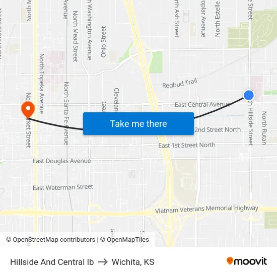 Hillside And Central Ib to Wichita, KS map