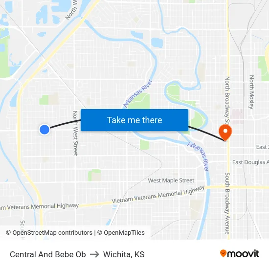 Central And Bebe Ob to Wichita, KS map