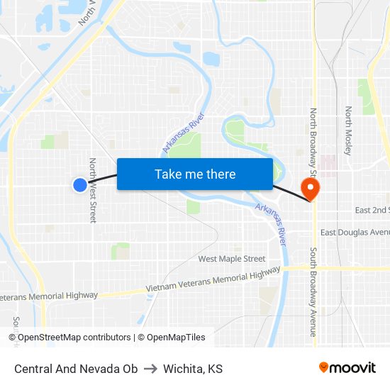 Central And Nevada Ob to Wichita, KS map