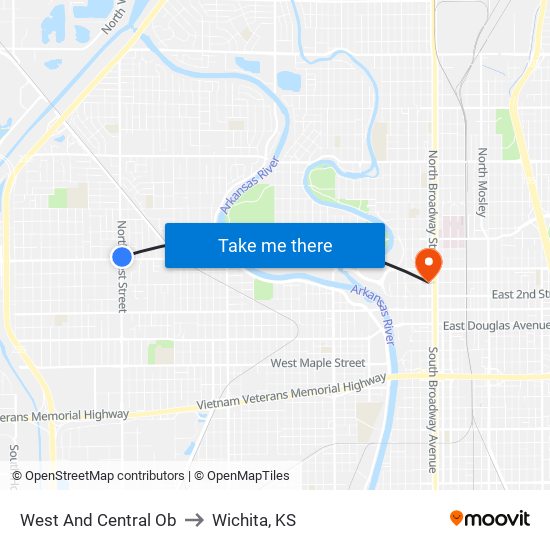 West And Central Ob to Wichita, KS map