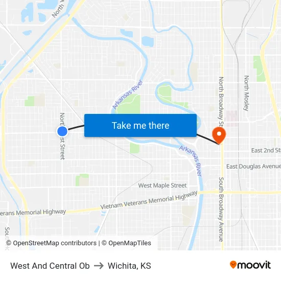 West And Central Ob to Wichita, KS map