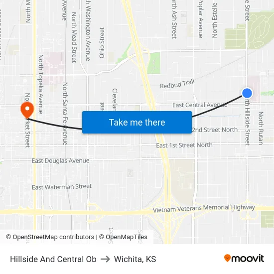 Hillside And Central Ob to Wichita, KS map