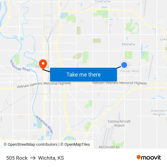 505 Rock to Wichita, KS map