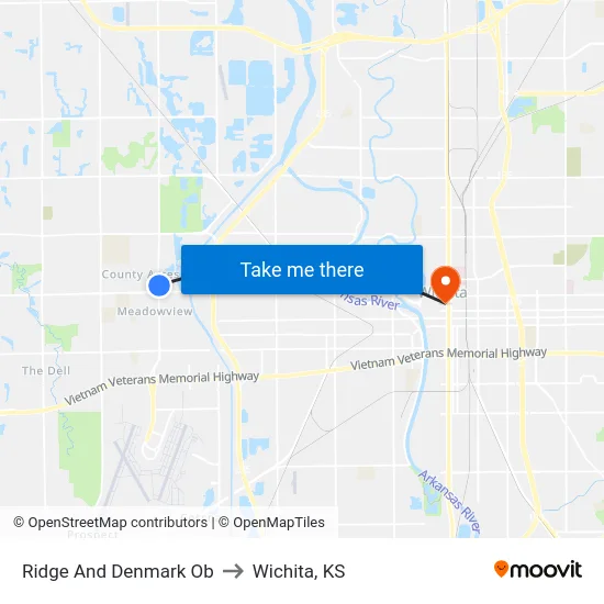 Ridge And Denmark Ob to Wichita, KS map