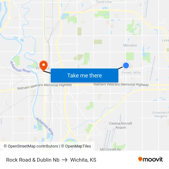 Rock Road & Dublin Nb to Wichita, KS map