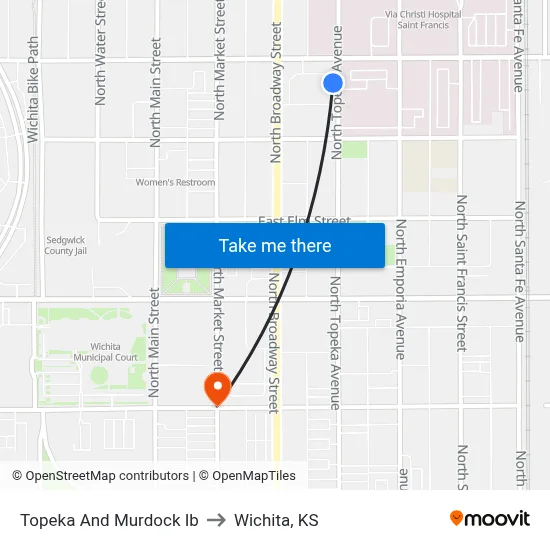 Topeka And Murdock Ib to Wichita, KS map