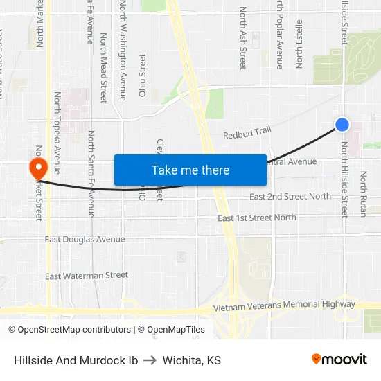 Hillside And Murdock Ib to Wichita, KS map