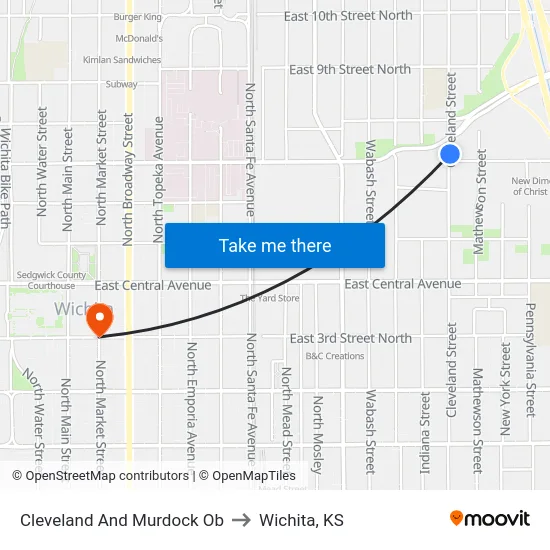 Cleveland And Murdock Ob to Wichita, KS map