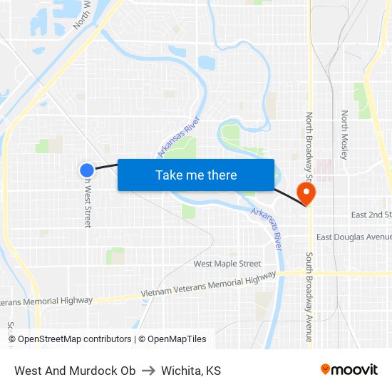 West And Murdock Ob to Wichita, KS map