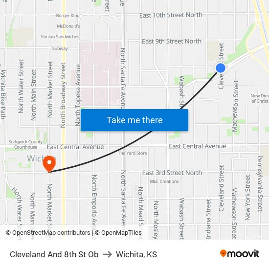 Cleveland And 8th St Ob to Wichita, KS map