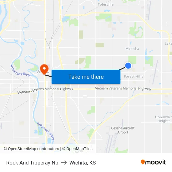 Rock And Tipperay Nb to Wichita, KS map