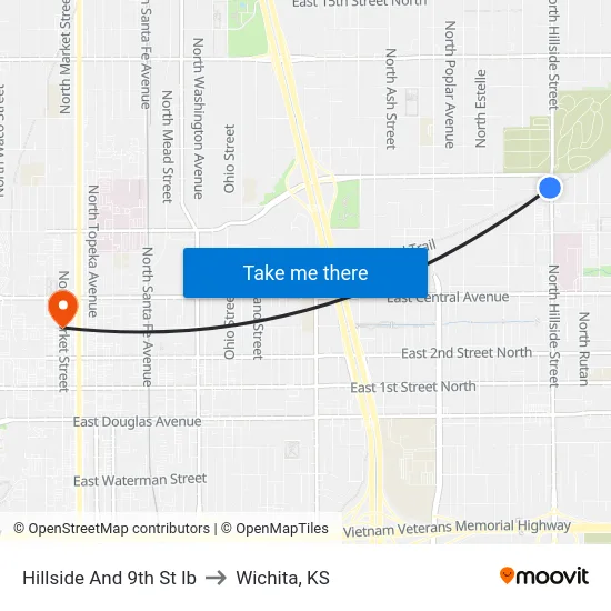 Hillside And 9th St Ib to Wichita, KS map