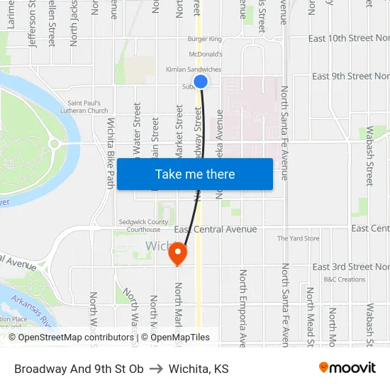 Broadway And 9th  St Ob to Wichita, KS map
