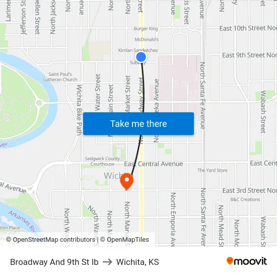 Broadway And 9th St Ib to Wichita, KS map
