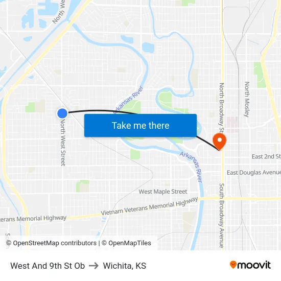 West And 9th St Ob to Wichita, KS map