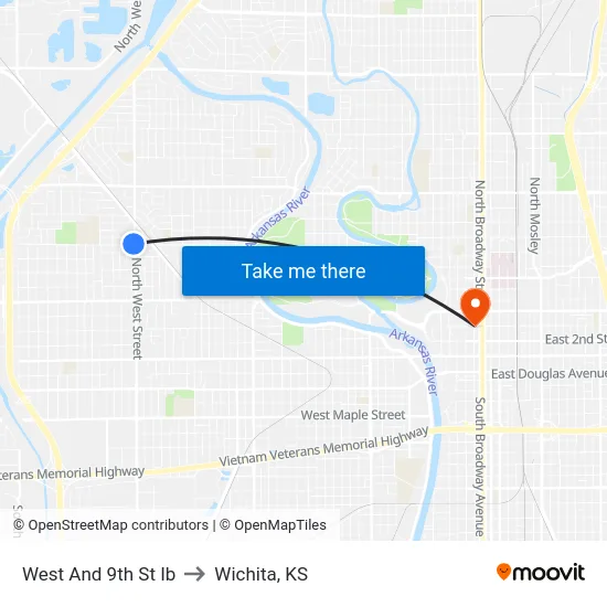 West And 9th St Ib to Wichita, KS map