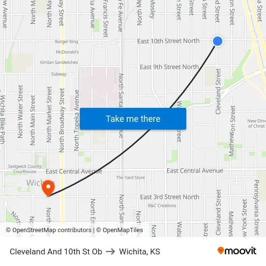 Cleveland And 10th St Ob to Wichita, KS map