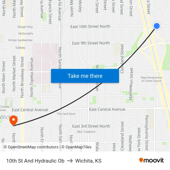 10th St And Hydraulic Ob to Wichita, KS map