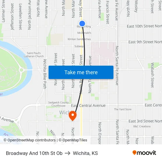 Broadway And 10th St Ob to Wichita, KS map