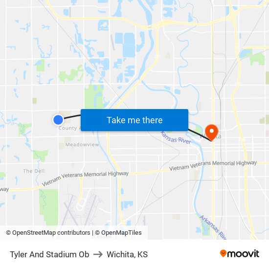 Tyler And Stadium Ob to Wichita, KS map