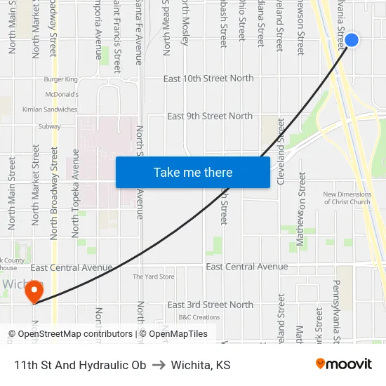 11th St And Hydraulic Ob to Wichita, KS map