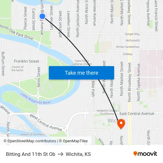 Bitting And 11th St Ob to Wichita, KS map