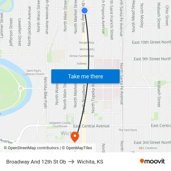 Broadway And 12th St Ob to Wichita, KS map