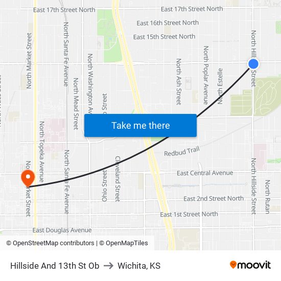 Hillside And 13th St Ob to Wichita, KS map