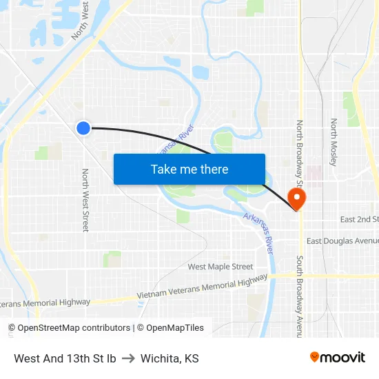West And 13th St Ib to Wichita, KS map