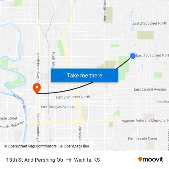 13th St And Pershing Ob to Wichita, KS map