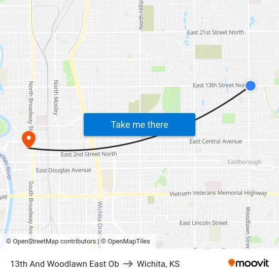 13th And Woodlawn East Ob to Wichita, KS map