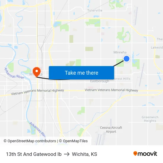 13th St And Gatewood Ib to Wichita, KS map