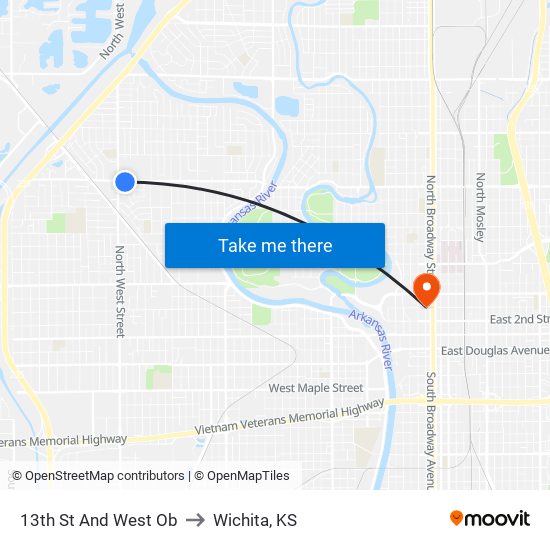 13th St And West Ob to Wichita, KS map