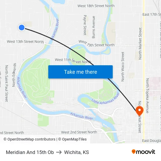 Meridian And 15th Ob to Wichita, KS map