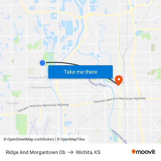 Ridge And Morgantown Ob to Wichita, KS map