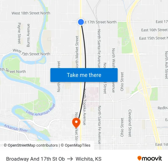 Broadway And 17th St Ob to Wichita, KS map